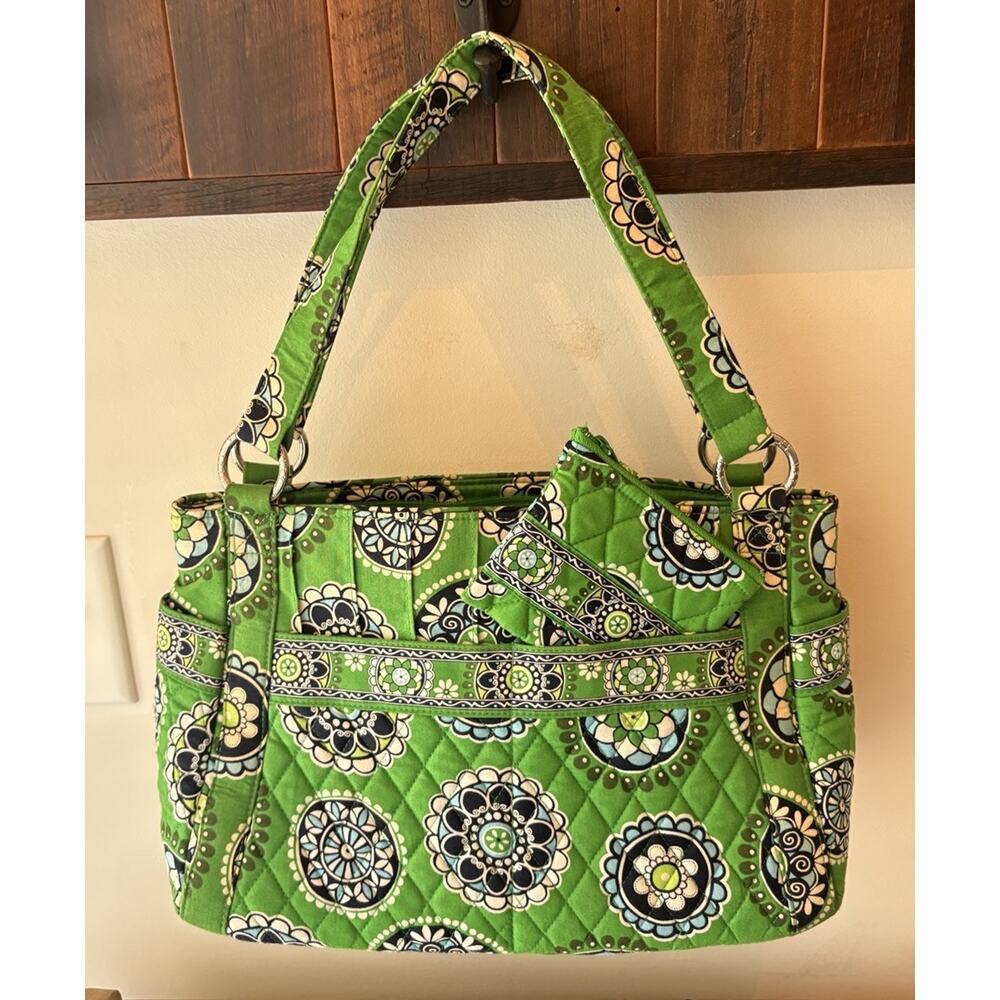 Vera Bradley Cupcakes Green Quilted Tote Bag Purse & Matching ID Coin Purse